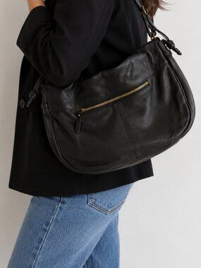 Abbacino Genuine Leather Black Hobo Shoulder Bag Crossbody Purse Gold Hardware